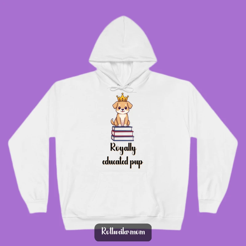 Funny Regal Dog Hoodie: Cozy Crowned Pup on Books - Warm & Wise Comfort
