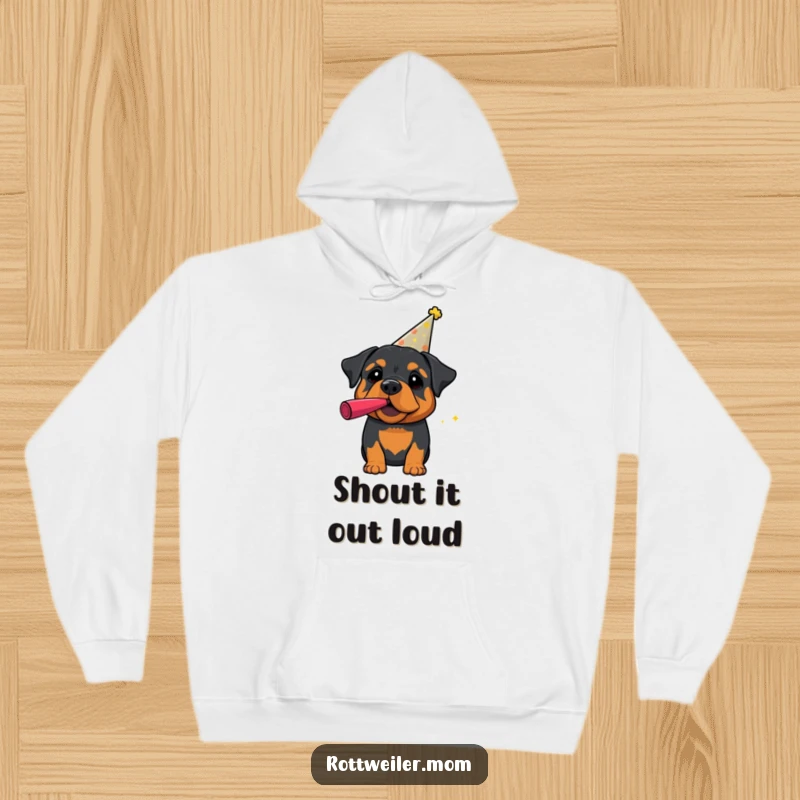 Funny Rottweiler Hoodie: A rottweiler in a party hat blows a noisemaker, printed on a warm hoodie for festive occasions.