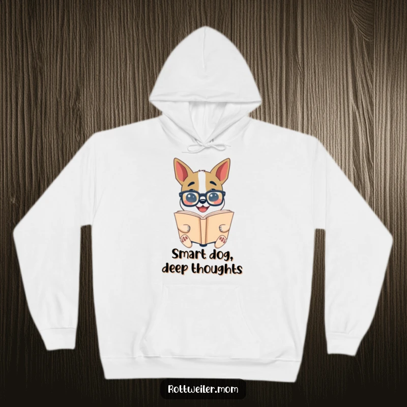 Funny Bookworm Dog Hoodie: Dog with glasses reading a large book, offering warm and humorous literary style.