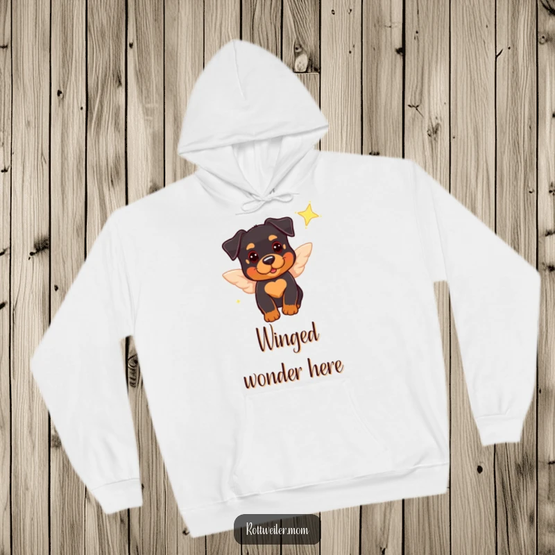 Funny hoodie featuring a cute Rottweiler with tiny wings, playfully flitting near a sparkling star, offering cozy comfort and humor.