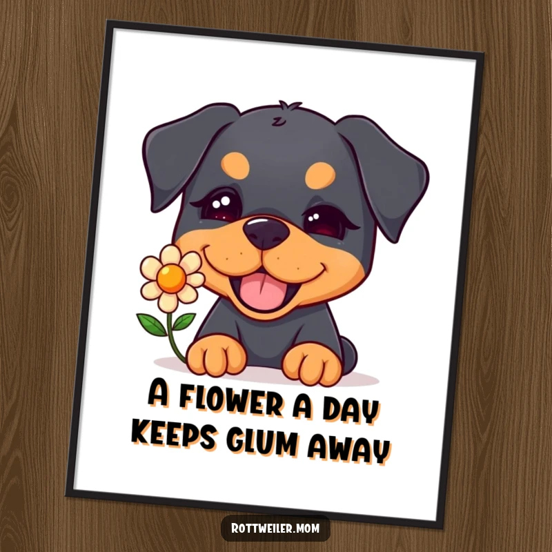 Funny free printable wall art: A kawaii rottweiler winks playfully while offering a single bright flower.