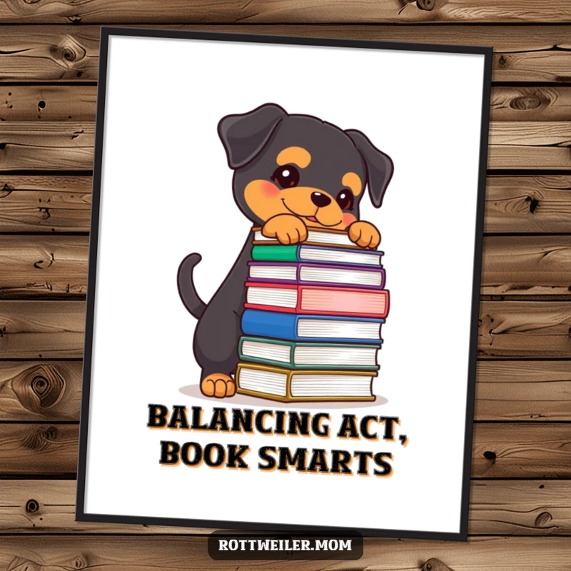 Funny Free Printable Rottweiler wall art, determined wagging tail, balancing a stack of books, intelligent dog humor.