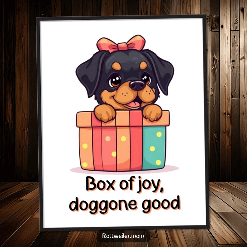 Funny free printable wall art: a rottweiler eagerly peeks from behind a giant colorful gift box, full of excitement.