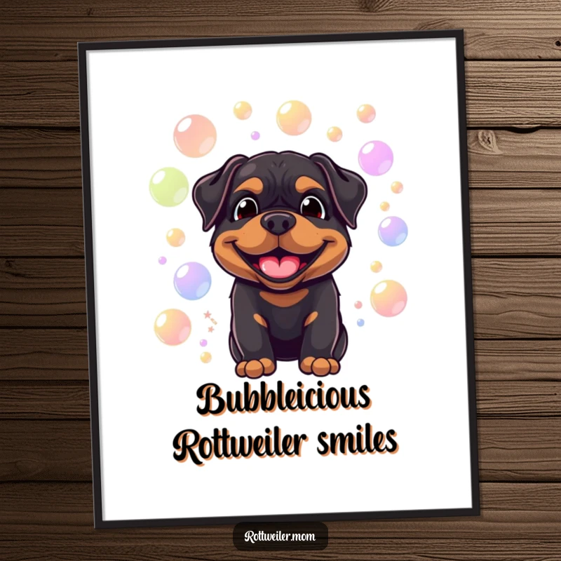 Funny Free Printable Wall Art: Smiling Rottweiler surrounded by floating, colorful bubbles, bringing whimsical and happy vibes.