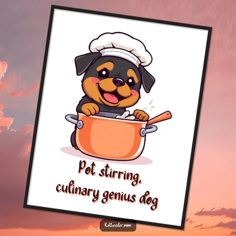 Funny Free Printable Wall Art: Kawaii Rottweiler in a chef hat, enthusiastically stirring a giant pot, bringing a humorous culinary theme to your decor.