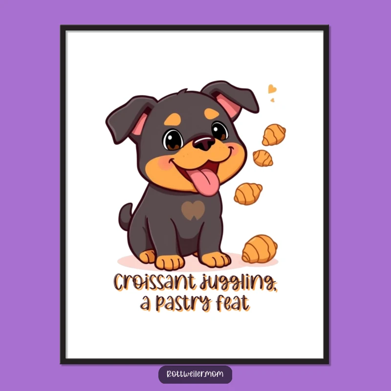 Free Printable Kawaii Rottweiler Croissant Art: Juggling Dog Funny Wall Decor Downloadable