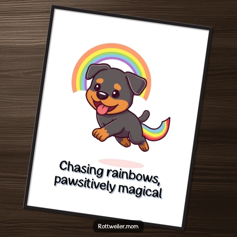 Funny Free Printable Wall Art: Kawaii Rottweiler joyfully chasing a spectacular rainbow tail, bringing dynamism and playful spirit to any room.