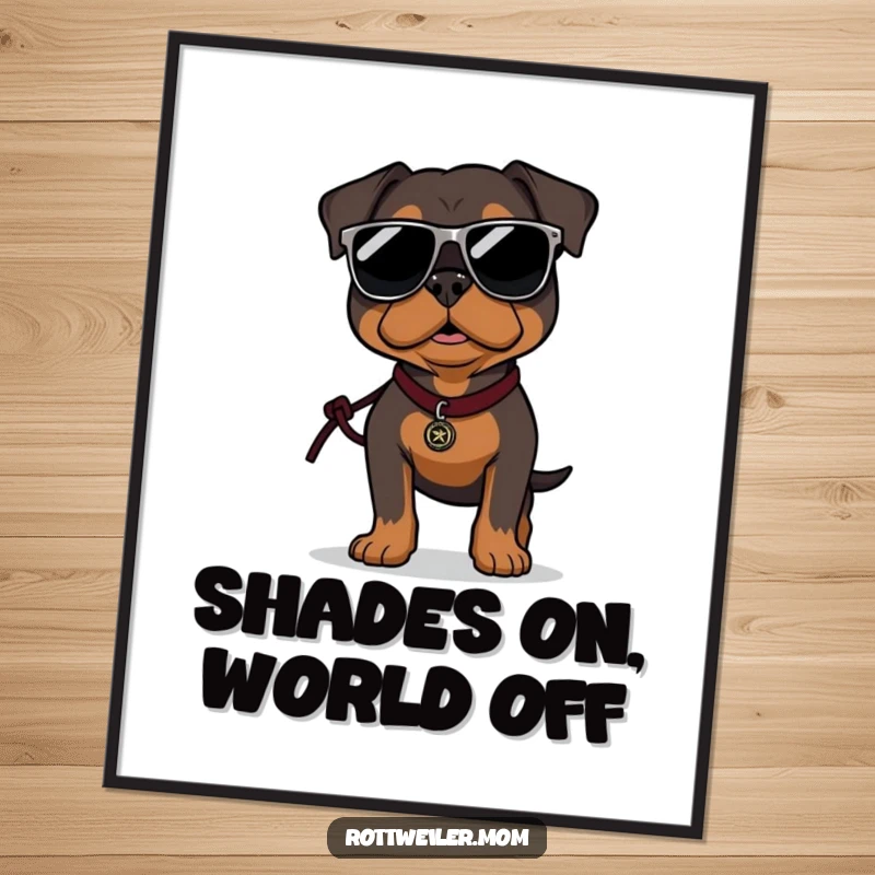 Funny Free Printable Wall Art: A Rottweiler in oversized sunglasses, confidently strutting with a leash, exuding cool confidence.