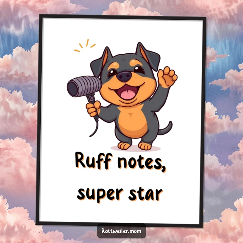 Funny Free Printable Rottweiler wall art, excited, holding giant microphone, ready to sing, rockstar dog.