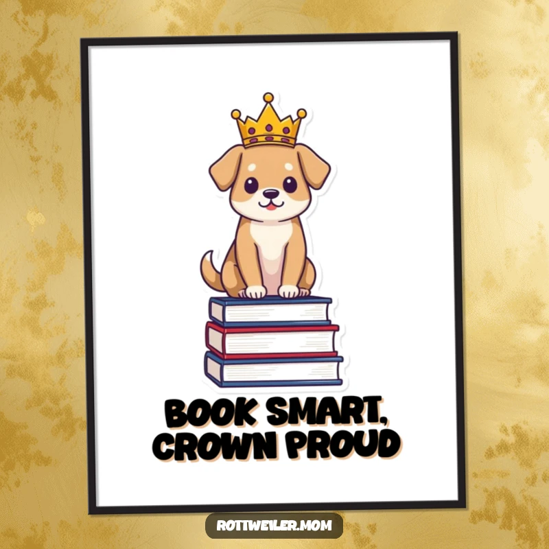Funny Free Printable Wall Art: Dog wearing a crown sits proudly on a stack of books, exuding regal wisdom.