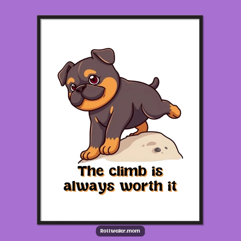 Free Printable Wall Art: Determined Kawaii Rottweiler Climbing Hill, Humorous Decor