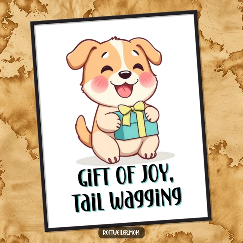 Funny Free Printable Wall Art: A cheerful dog is excitedly wagging its tail, holding a bright gift box.