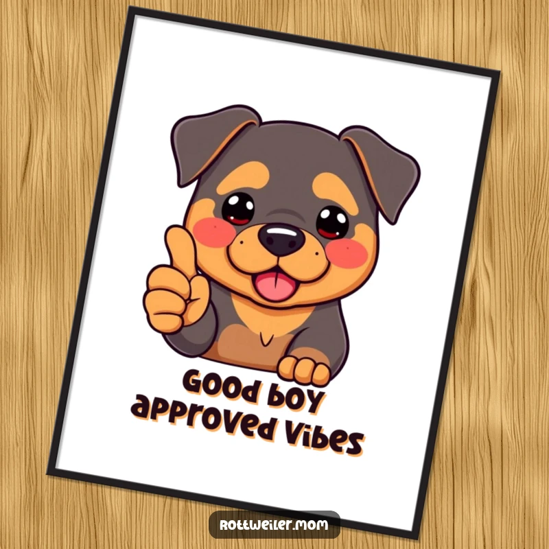 Funny Free Printable Wall Art: Kawaii Rottweiler with rosy cheeks giving a big thumbs up, radiating positivity.