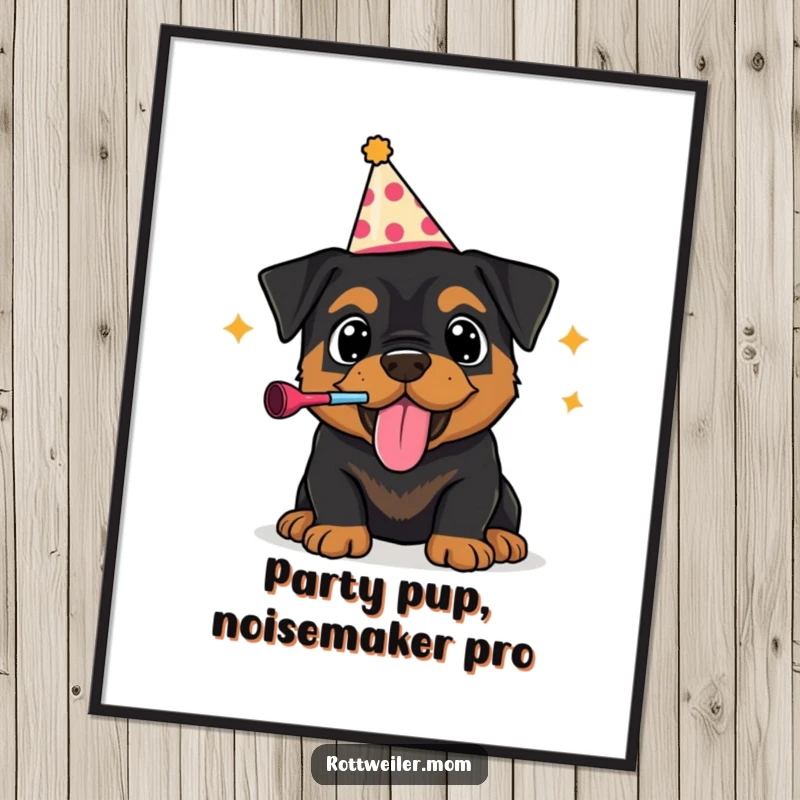 Funny Free Printable Wall Art: Rottweiler puppy in a party hat, blowing a noisemaker exuberantly, embodying festive fun.