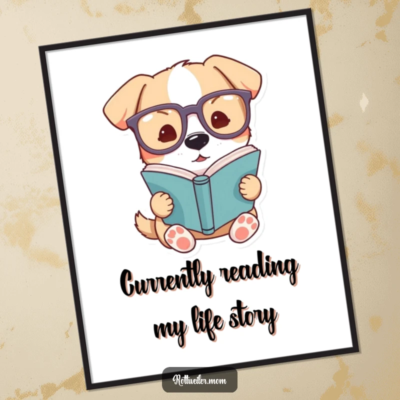 Funny Free Printable Wall Art: A dog wearing oversized spectacles is engrossed in reading a book, exuding intelligence.