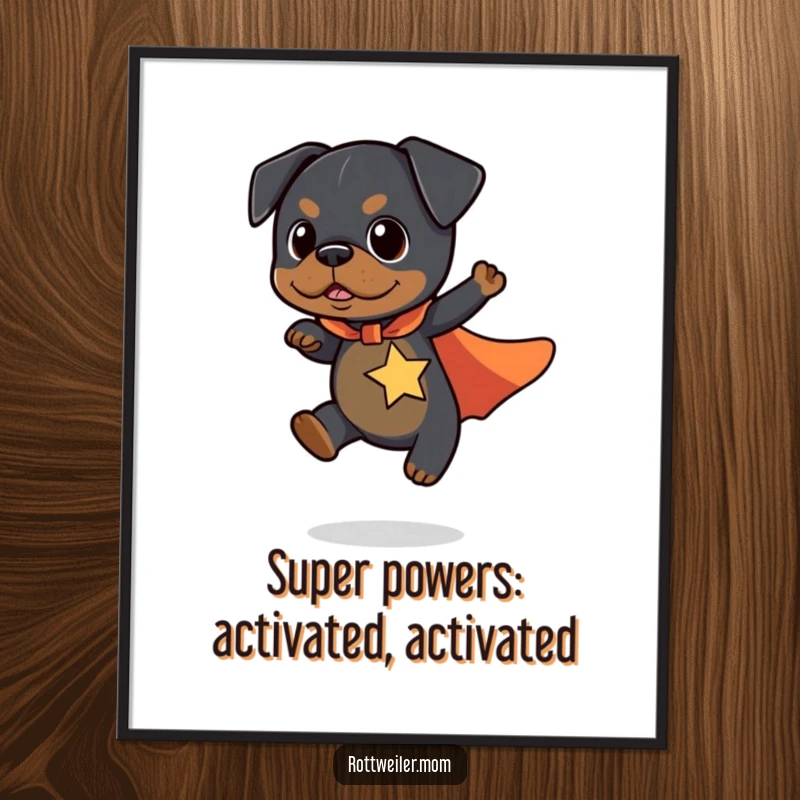 Funny free printable wall art: A kawaii rottweiler in a superhero cape flies short distances.