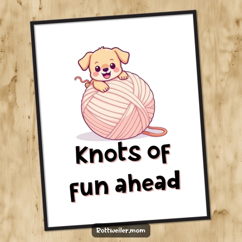 Funny Free Printable Wall Art: A tiny puppy blissfully tripping over an oversized ball of yarn, a sweet moment of happy chaos.