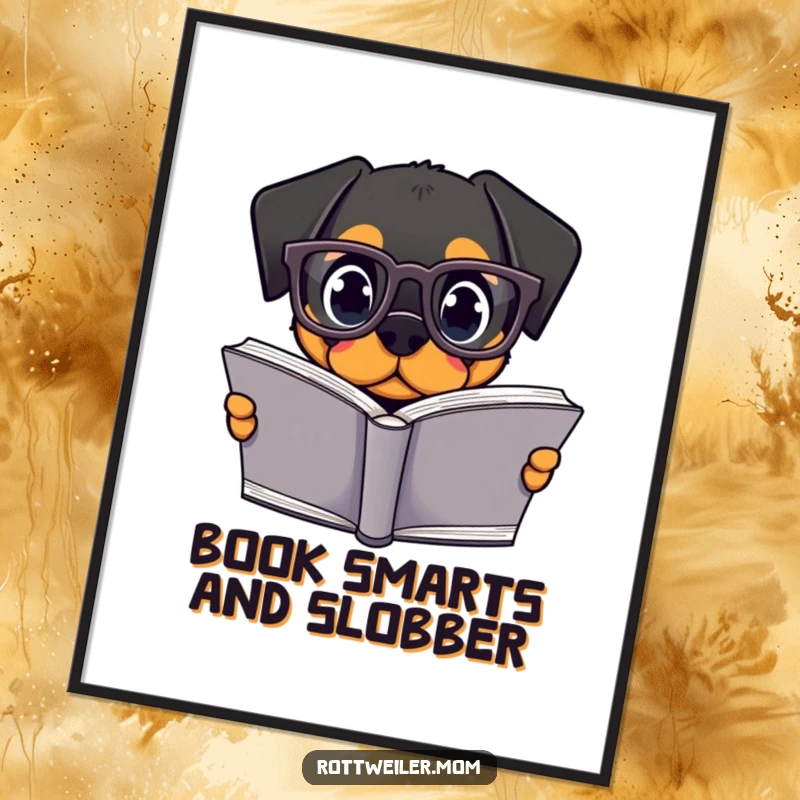Funny Free Printable Wall Art: Kawaii rottweiler wearing oversized glasses, engrossed in a large book, a humorous and intellectual decor piece.