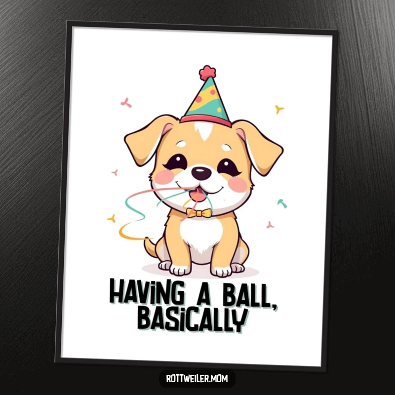 Funny Free Printable Wall Art: A dog in a party hat intensely blows a streamer with pure glee, surrounded by festive confetti.