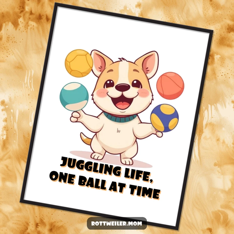 Funny Free Printable Wall Art: An energetic dog playfully juggling three colorful balls, adding fun to your decor.