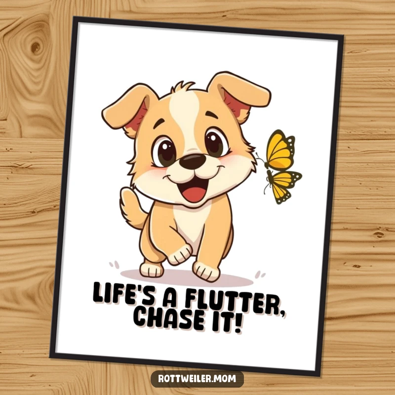Funny free printable wall art capturing a dog’s sheer delight and excitement while playfully chasing a butterfly in motion.