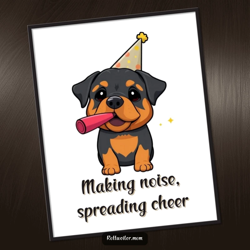 Funny Free Printable Rottweiler Wall Art: A dog wearing a party hat excitedly blows a noisemaker.