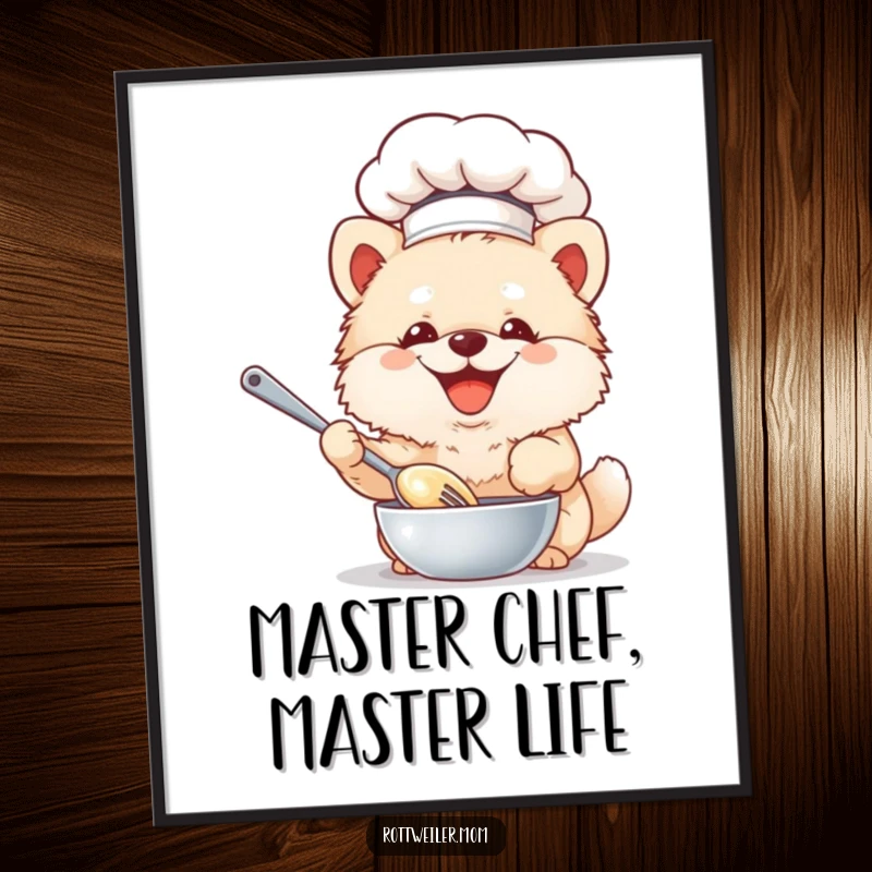 Funny Free Printable Wall Art: Fluffy dog in a chef hat happily whisking batter, a delightful kitchen or dining piece.