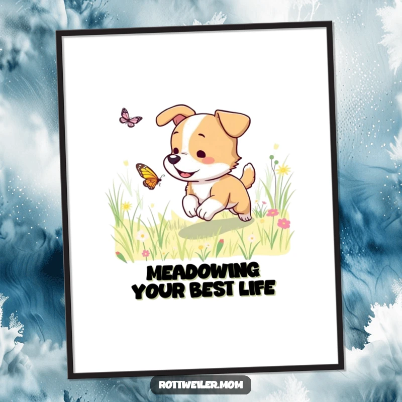 Funny Free Printable Wall Art: A happy dog energetically chasing a butterfly through a sun-drenched meadow, capturing pure, unadulterated fun.
