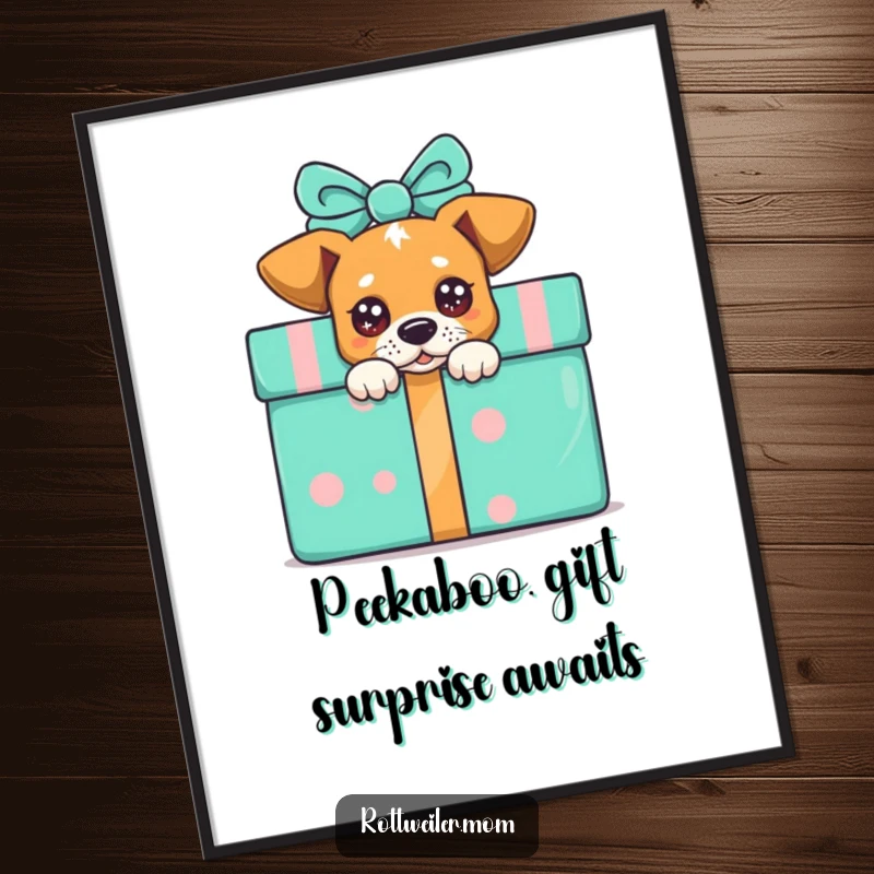 Funny Free Printable Wall Art: A dog with wide, sparkling eyes curiously peeks out from behind a large, brightly colored present.