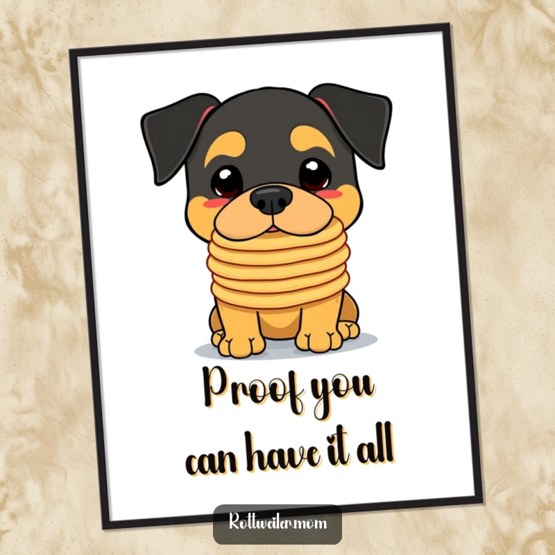 Funny free printable wall art: Kawaii rottweiler balancing a giant stack of wobbly pancakes on its nose.