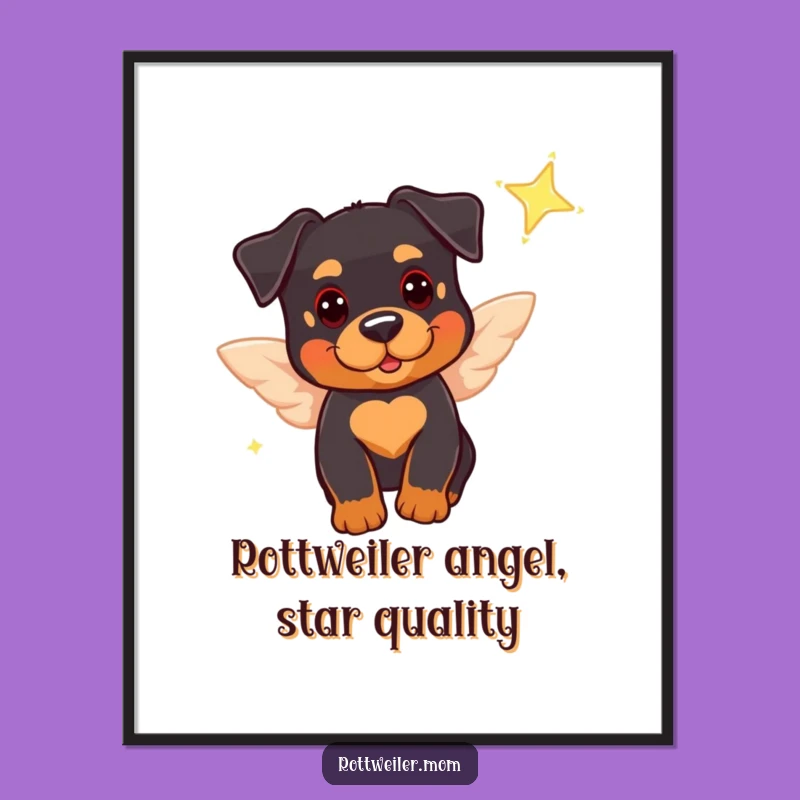Free Printable Wall Art: Flying Rottie Angel Near Star - Funny Downloadable Decor