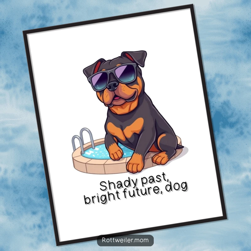 Funny free printable wall art: a rottweiler in oversized sunglasses lounges by a tiny sparkling pool, radiating cool humor.