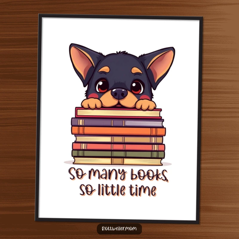 Funny Free Printable Wall Art of a kawaii Rottweiler with a look of amusement, peeking over an enormous pile of diverse books.