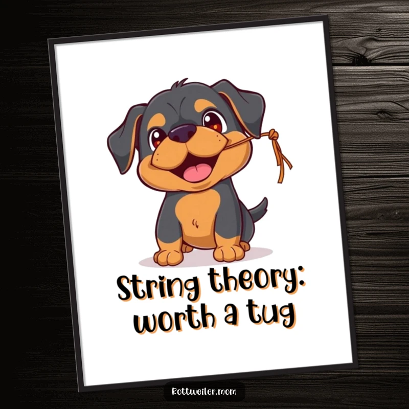 Funny Free Printable Rottweiler wall art, playful, batting at a dangling string, happy eyes, joyful dog.