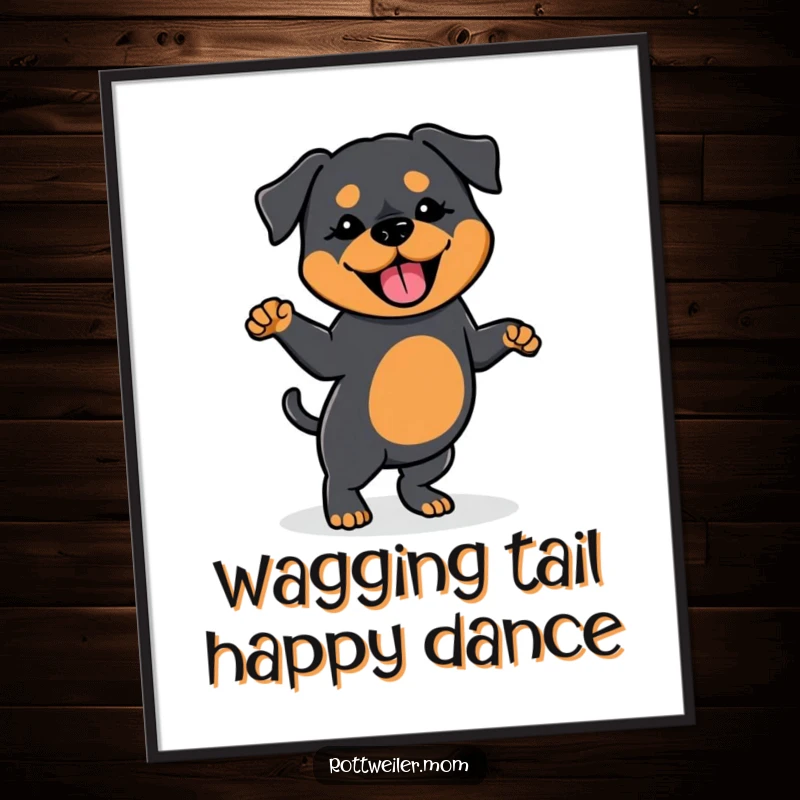 Funny Free Printable Wall Art: Kawaii Rottweiler performing a silly dance with a wagging tail, bringing quirky energy.