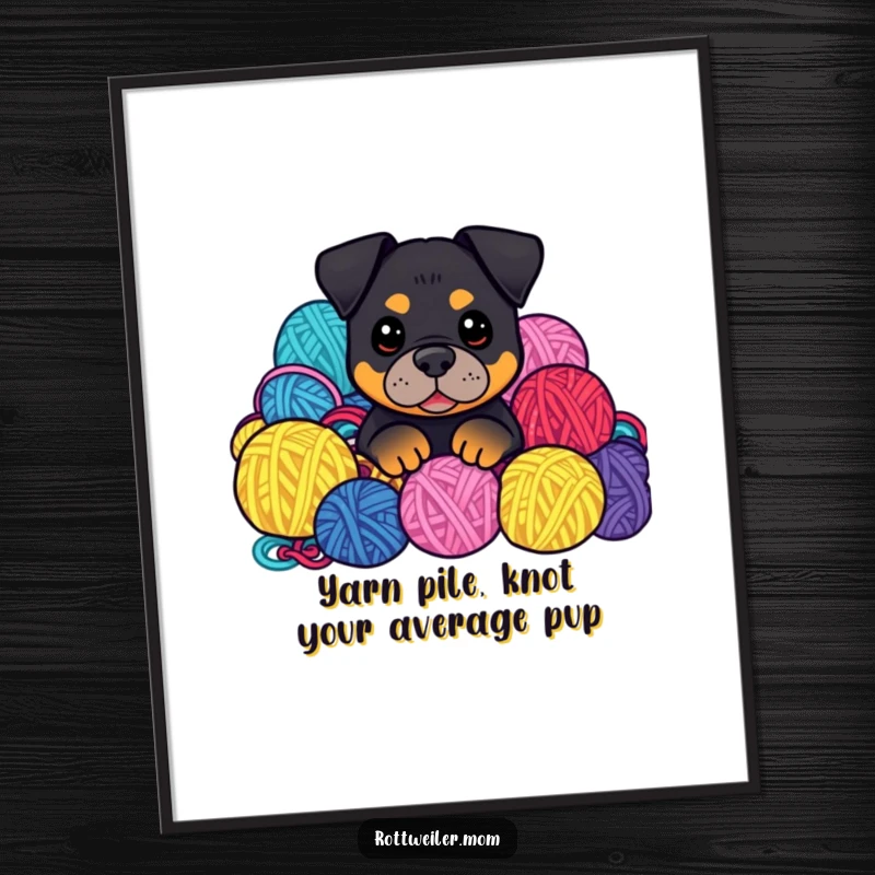 Funny Free Printable Wall Art: Kawaii Rottweiler peeking from a heap of colorful yarn balls, adding a whimsical and crafty touch to your decor.