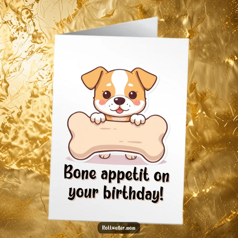 Funny free printable birthday card with a mischievous dog peeking behind a giant bone, ready to share a laugh.
