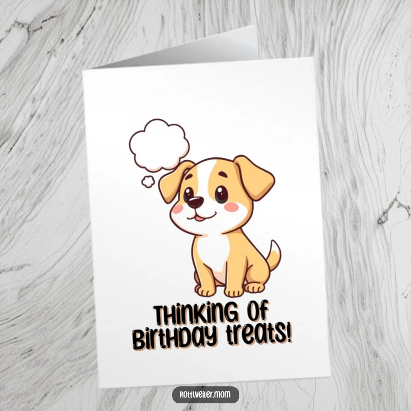 Funny Free Printable Birthday Card: A cartoon dog has a thought bubble above its head, pondering a birthday treat.