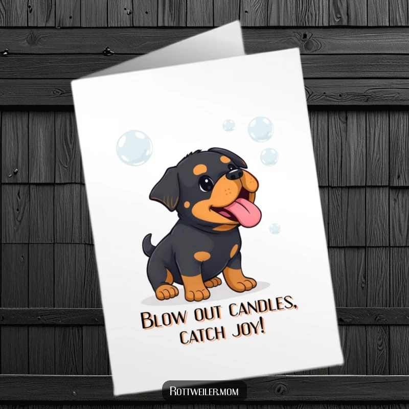 Funny Free Printable Birthday Card: Kawaii Rottweiler with tongue out playfully trying to catch floating bubbles.
