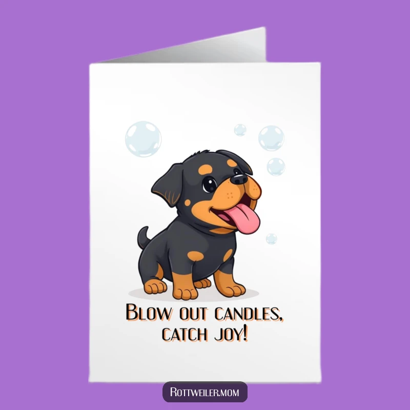 Free Printable Birthday Card: Kawaii Rottweiler Catching Bubbles, Fun Downloadable Gift for Joy
