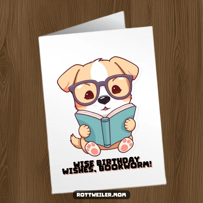Funny Free Printable Birthday Card: A dog wearing comically large glasses intently reads a book, looking super smart.