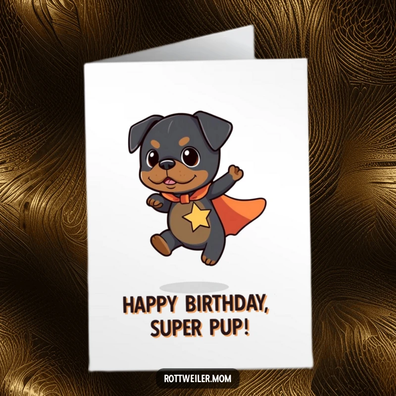 Funny free printable birthday card: A kawaii rottweiler in a superhero cape flies clumsily a short distance.
