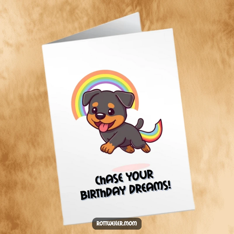 Funny Free Printable Birthday Card: Kawaii Rottweiler joyfully chasing a vibrant rainbow tail, celebrating with boundless energy and a big grin.