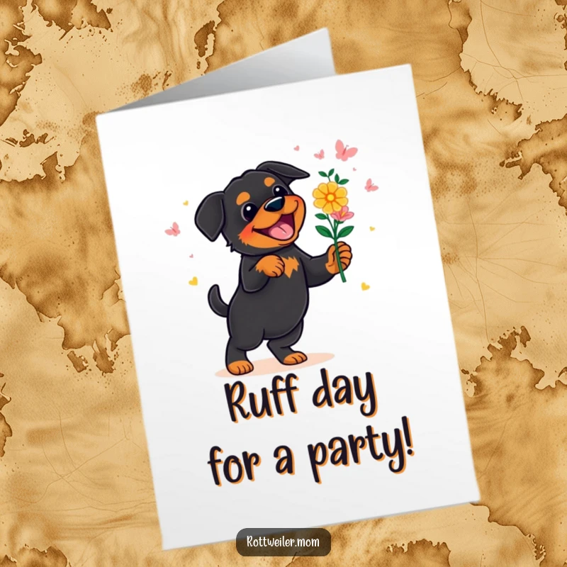 Funny Free Printable Rottweiler Birthday Card: A joyous dog in a tutu dances with a vibrant flower bouquet.