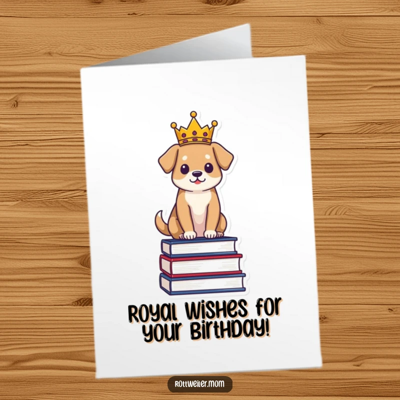Funny Free Printable Birthday Card: Dog wearing a crown proudly sitting on books, fit for a birthday king or queen.