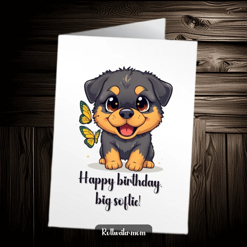 Funny Free Printable Birthday Card: Fluffy Rottweiler with sparkling eyes gleefully chasing a butterfly in a field.