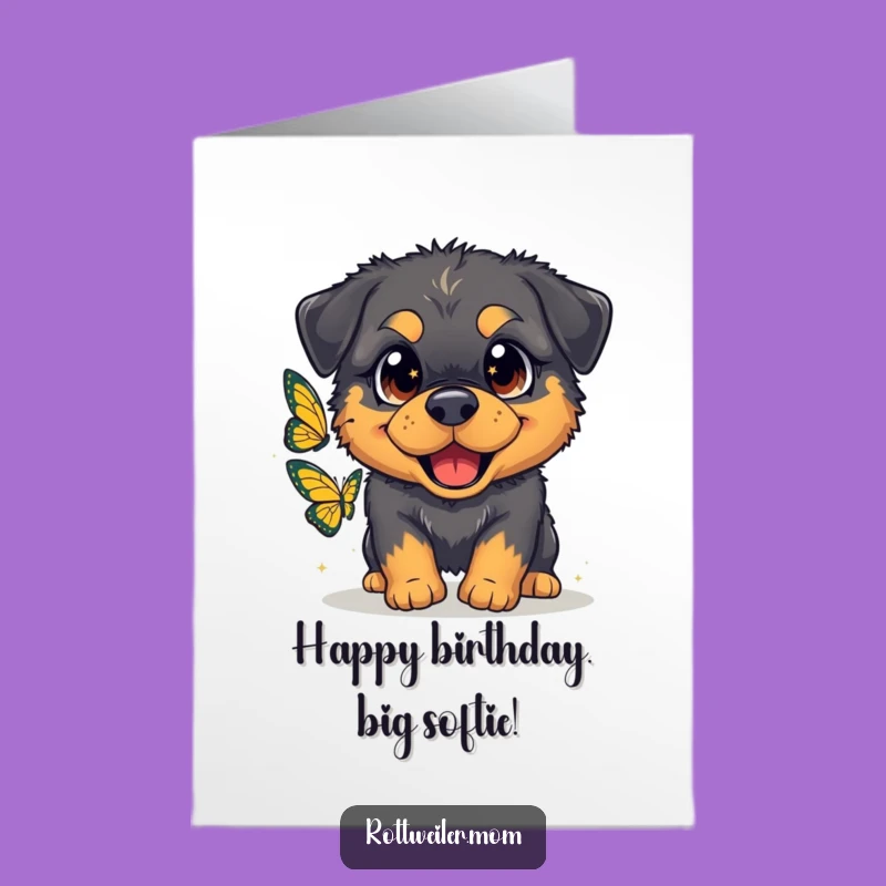 Free Printable Birthday Card: Rottweiler Chasing Butterfly, Funny Dog Downloadable Gift