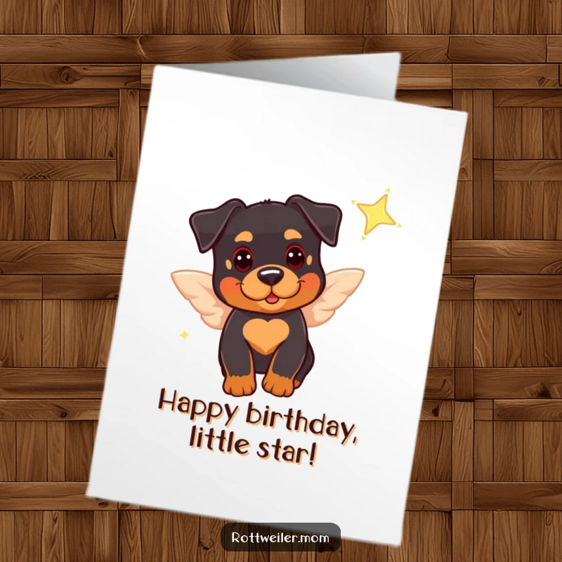 Funny Free Printable Birthday Card: Cute Rottweiler with tiny wings flitting near a sparkling star, bringing birthday joy.