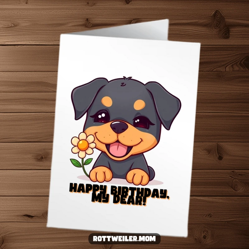 Funny free printable birthday card: A kawaii rottweiler winks charmingly while offering a single cheerful flower.