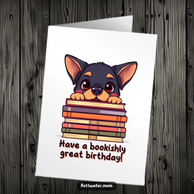 Funny Free Printable Birthday Card of a kawaii Rottweiler peeking amusingly over a huge stack of books, ready for a birthday read.